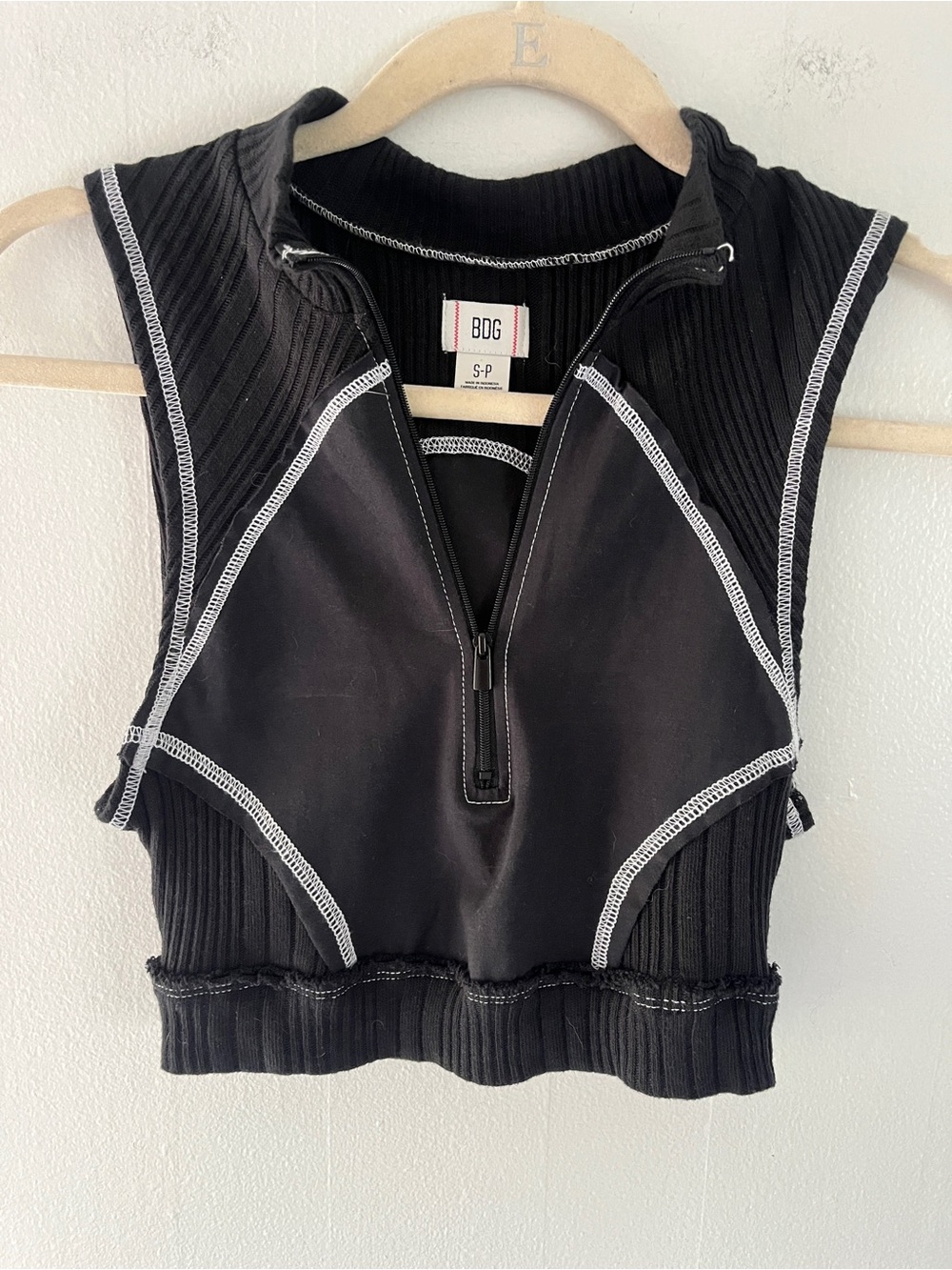 BDG Black Crop Top with White Contrast Stitching and Zip